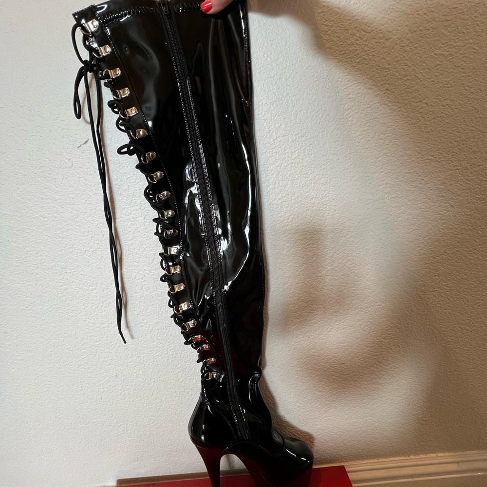 Black Patent Leather Lace-Up Thigh-High Boots
